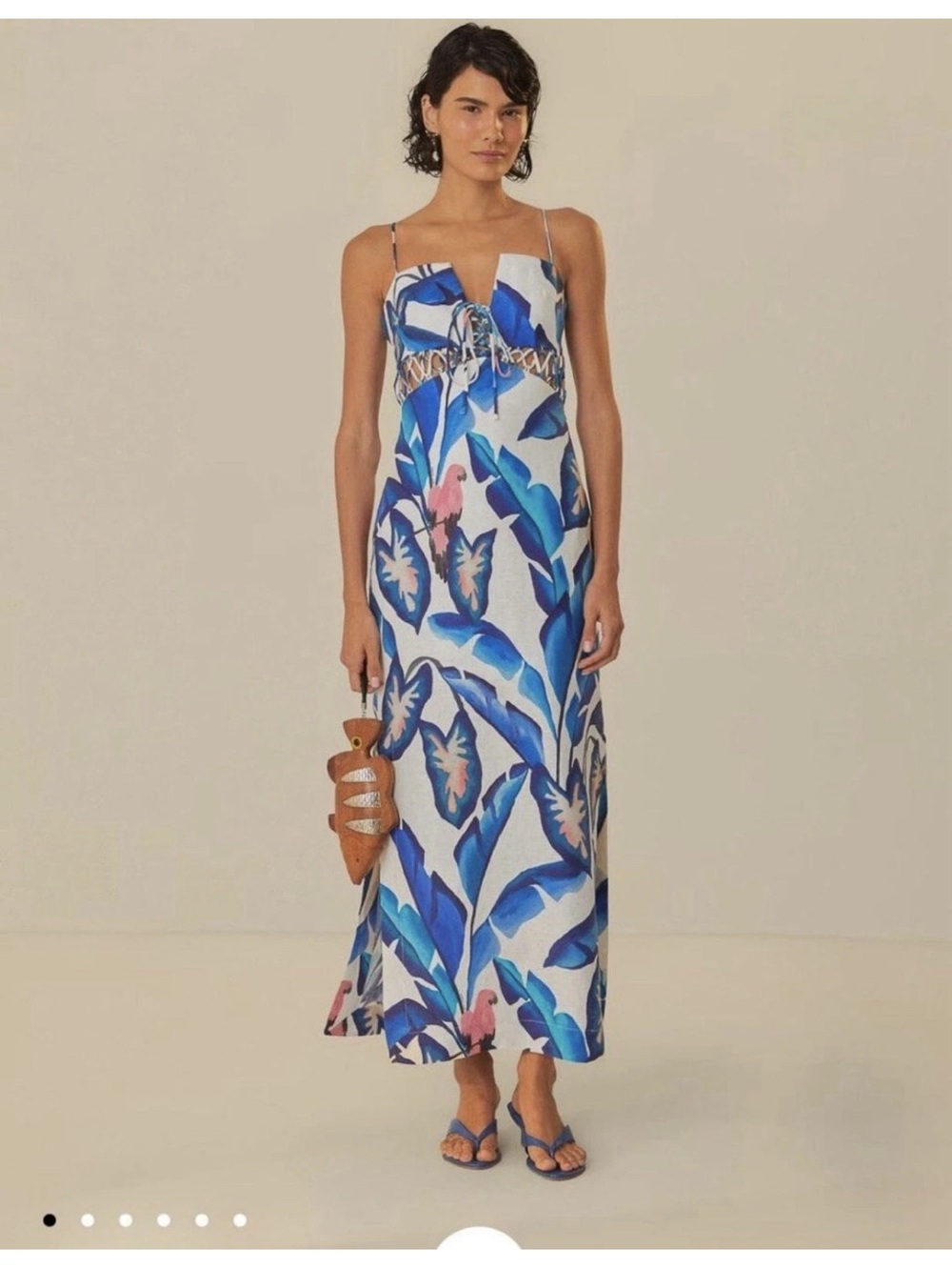 Women's Farm Rio Dress S Linen Anthropologie New Blue White Midi Floral Tropical - Picture 1 of 7